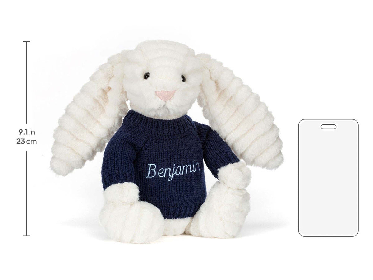 Bashful Luxe Bunny Nimbus with Personalized Navy Jumper, size chart