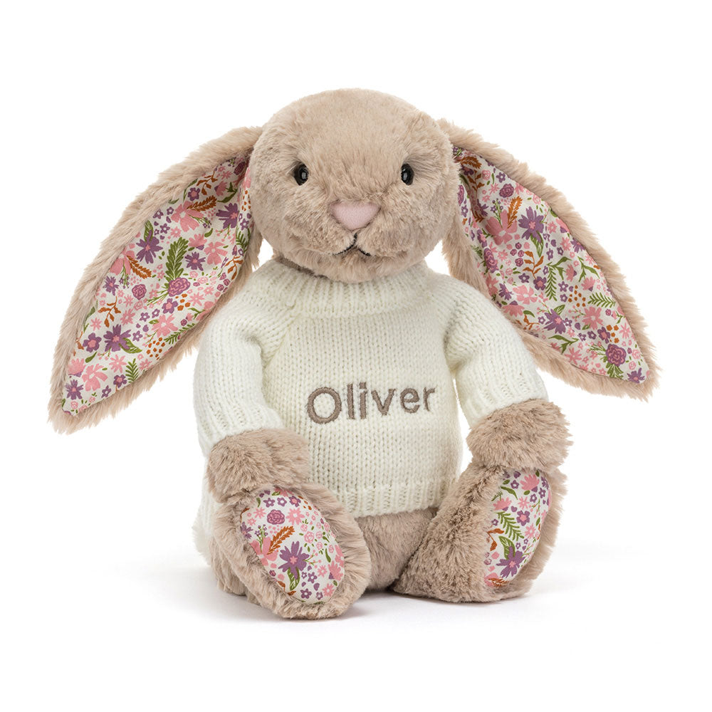 Blossom Beige Bunny 'Petal' with Personalised Cream Jumper, Main View