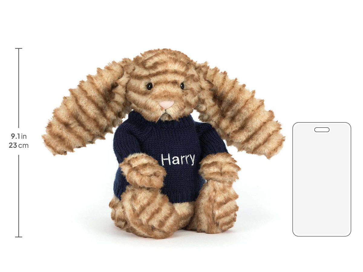 Bashful Luxe Bunny Juniper with Personalized Navy Jumper, size chart